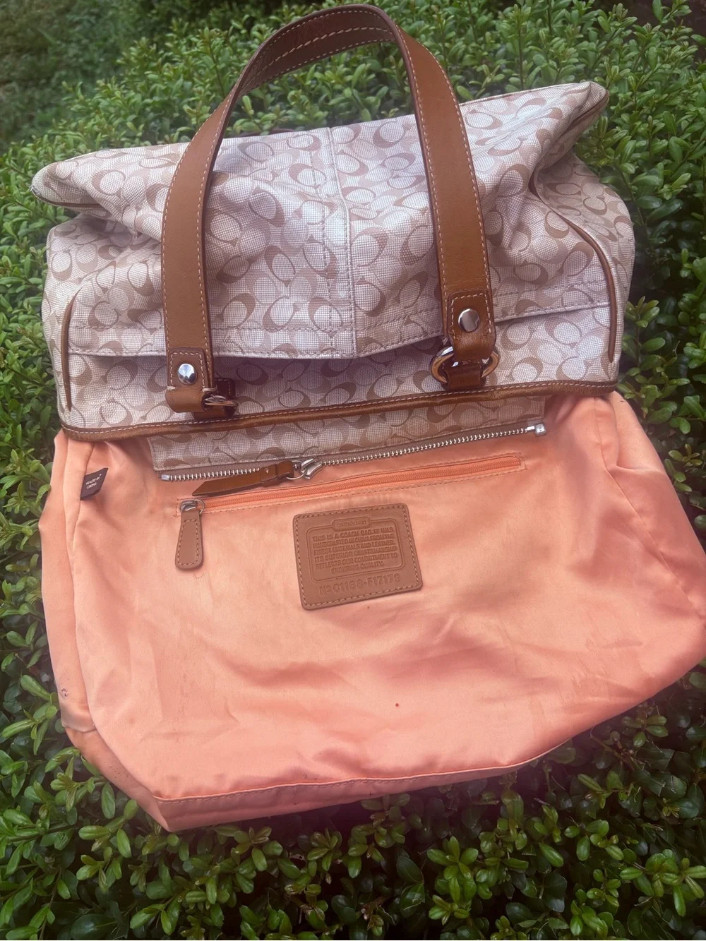 Coach Beige Signature Canvas Shoulder Bag with Brown Trim